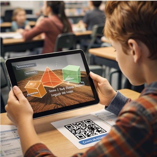Student exploring 3D geometry with AR on a tablet